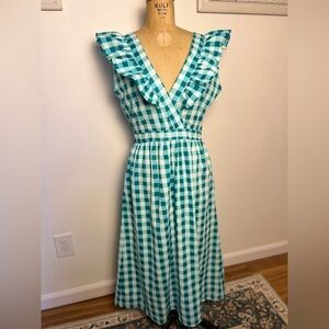 Compania Fantastica gingham teal and white ruffle dress medium